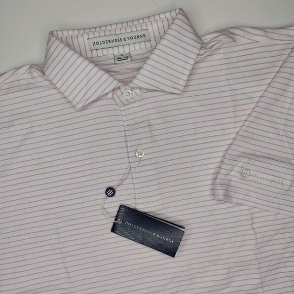Holderness Bourne Polo Size Medium The Egan Pima Shirt Pink Striped Swiss Re New - Picture 3 of 9